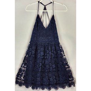 Hollister Dress Womens Juniors Small Blue Floral Crochet Pattern V Neck Mini